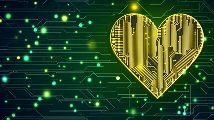 A glowing heart-shaped circuit board sits on a green background with digital lines and glowing dots