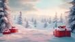 © Polska - Merry Chrimast Background. Decorated christmas trees with red garlands into a forest on a snowy sunrise close to xmas gifts in red boxes , Generative AI illustration