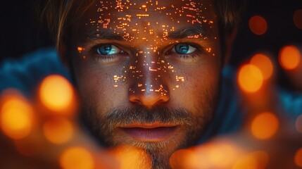 A man with a glowing face, looks directly at the camera, with a dark background and bokeh lights.