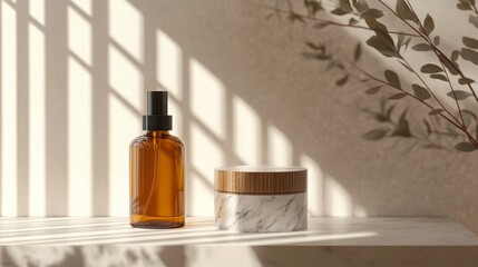 Aufkleber - A brown glass spray bottle and a marble jar with a wooden lid sit on a white marble surface.