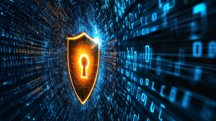 A glowing shield with a keyhole at the center surrounded by binary code representing digital security