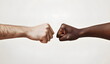 © xuxu - Close-up of white and black hands in fists isolated on light background. Rivalry and friendship, funny fight, friendly greeting. Clash of hands, rivalry.