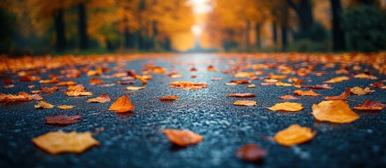 Wall Mural - A serene autumn scene with fallen leaves on a quiet road, capturing the essence of the season.