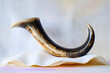 © Prasanth - image of shofar (horn) on white prayer talit. Rosh hashanah (jewish New Year holiday), Shabbat and Yom kippur concept