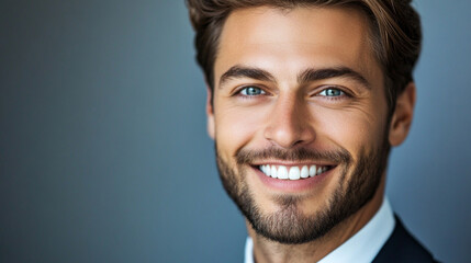 Man with a beard and a smile is wearing a suit and tie. He is looking at the camera and he is happy