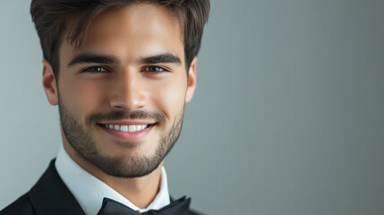 Man with a beard and a smile is wearing a suit and tie. He is looking at the camera and he is happy