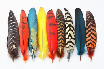 A row of colorful feathers showcasing a variety of textures and patterns. Representing freedom, beauty, and diversity. Perfect for nature, art, and design projects.