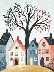 A charming illustration of three quaint houses nestled beneath a lush, whimsical tree. Each house features unique details and a cozy atmosphere, symbolizing community, home, nature, joy, and imaginati