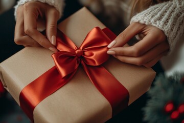 Close-up of hands tying a red satin ribbon on a gift box wrapped in brown paper. This image conveys holiday celebrations, gift-giving, and special occasions.