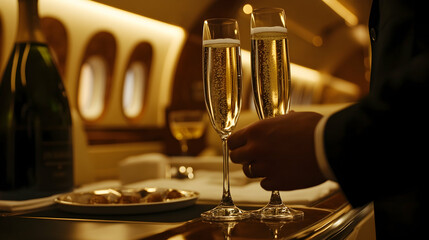 Business Class Bliss: A view of champagne being served to passengers on a luxurious private jet, representing elite travel experiences. 