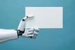 © maria_lh - The robot hand holds a blank sheet of white paper on a blue background