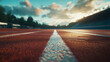 © Steven - Competition sport concept at the starting line as a business symbol as ready set go for the beginnings of a planned strategy for success as a track and field stadium background. Generative AI