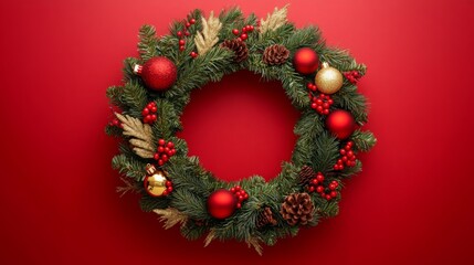 Wall Mural - A Christmas wreath with green pine branches and red berries is decorated with red and gold ornaments. There are also pine cones on the wreath. It is on a solid red background.