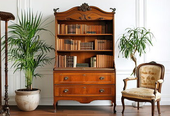 stylish vintage 19th century bookcase, antique furniture isolated on white background