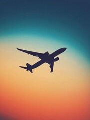 Poster - A sleek airplane silhouette soars through a stunning gradient sky at sunset, capturing the excitement and freedom of travel. Generative AI