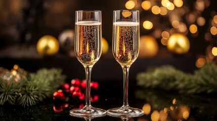 Two tall glasses of champagne are filled to the rim with sparkling wine. The glasses are resting on a dark surface with a blurry background of golden lights and decorations.