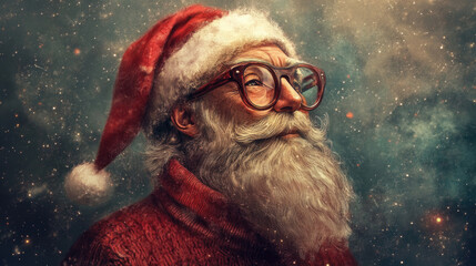 A man wearing a red Santa hat and large glasses, with a gray beard and red sweater, stands in a starry background, evoking a magical holiday atmosphere.