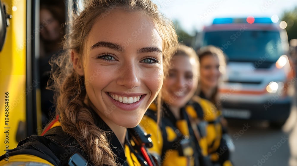 Smiling female paramedic with braided hair snapping a selfie with her ...