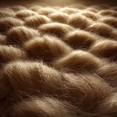 A close-up view of textured golden-blonde hair, with soft waves creating an inviting and warm atmosphere, illuminated by gentle lighting from above.