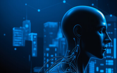 Human head as a hologram against the background of a modern city. Wires and connection of a person with an information field. The future of a person. Concept.