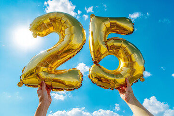 Hands holding large golden number balloons shaped as 