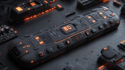 Futuristic electronic device with glowing buttons and display.