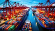 © darion - A bustling shipping port filled with colorful containers and cargo ships.