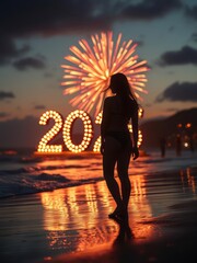 Beach sunset, silhouette figure, new year celebration, fireworks, 2024 in lights, reflections on wet sand, dramatic sky, ocean shore, festive atmosphere, golden hour, vibrant colors, long exposure, ma