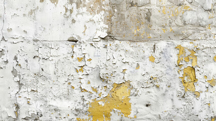 Peeling paint reveals layers of wear and age on a wall, showcasing a blend of white and yellow hues in a neglected environment. The visible cracks enhance the historical character