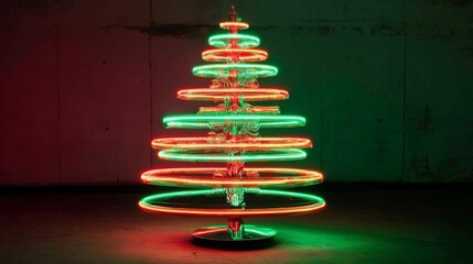 Poster - A dazzling Christmas tree made of vibrant neon lights shines in red and green, creating a festive atmosphere. The tree's circular design stands out vividly against the dimly lit backdrop.