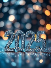 Glittering 2023 numbers, bokeh background, blue and orange tones, reflective surface, festive lights, shallow depth of field, macro photography, New Year's Eve celebration, sparkling decorations, nigh