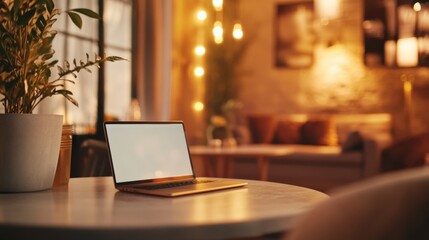 Poster - A warm, inviting environment showcases an open laptop on a round table, perfect for evening work or relaxation in a cafe. Generative AI