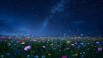 Sticker - A field of wildflowers beneath a star-filled night sky, with a streaking star in view