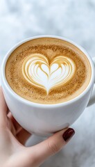 Sticker - A beautifully crafted latte art in a white cup held by a hand.