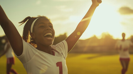 Woman soccer player celebrates with arms raised in victory on the field as the sun sets