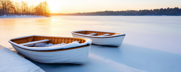 Wall Mural - sunset over the trees as two wooden boats rest on a frozen lake