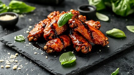 Buffalo wings with a balsamic glaze, isolated on a black granite plate, surrounded by fresh basil leaves and Parmesan flakes