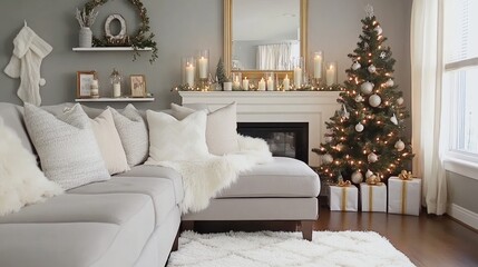 The cozy living room features grey walls and a white fur rug, highlighted by a tall Christmas tree and a soft glow from candles above the sofa, creating a festive ambiance