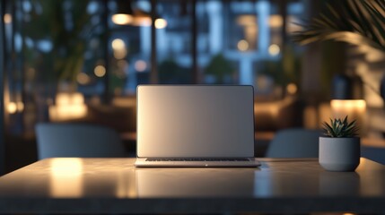 Poster - A laptop rests on a wooden table in a cozy café, illuminated by soft lighting as evening sets in, creating a tranquil atmosphere. Generative AI