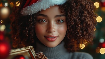 Wall Mural - young woman with voluminous, curly hair, now imagined with light skin, wearing a red and white Santa hat. 