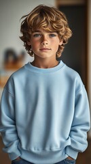 Wall Mural - a 16 year old boy, full body shot, head to toe, full-length view, wide field of view, centered, wearing a light blue sweatshirt