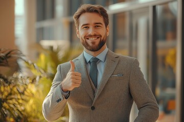 Wall Mural - Smiling businessman in modern suit showing thumbs up