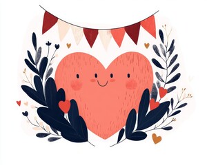 A cheerful heart illustration surrounded by leaves and decorative banners.