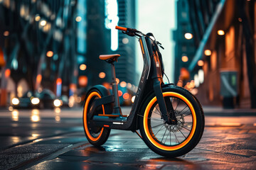 Bike with orange and black colors is parked on a wet street. The bike is in the middle of the street and is surrounded by cars. Scene is somewhat dark and mysterious