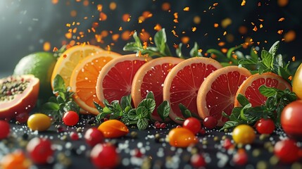 Canvas Print - A close-up of fresh citrus fruits, herbs, and spices arranged on a black background.