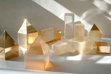 Aufkleber - A collection of clear geometric shapes resembling gift boxes is arranged creatively, catching warm sunlight and creating soft reflections. Generative AI