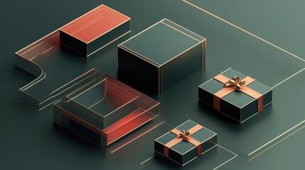 Wall Mural - A collection of modern gift boxes featuring clear geometric shapes and subtle color contrasts elegantly arranged on a dark background. Generative AI