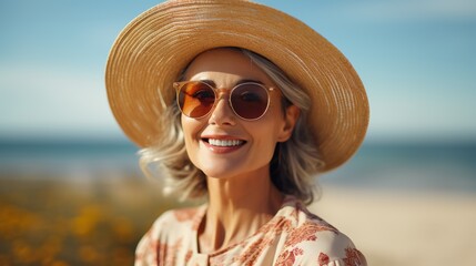 Wall Mural - Smiling senior woman in sunglasses and a straw hat walking on the beach or standing at the seaside. on a blue sky background. summer vacation concept.