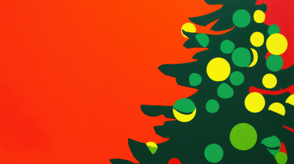 A stylized Christmas tree with green and yellow circular ornaments set against a bold red background, creating an abstract and vibrant holiday theme.