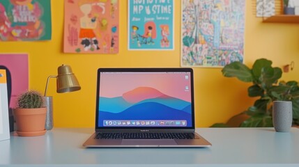 Aufkleber - A stylish laptop sits on a desk, complemented by colorful wall decorations and greenery, creating a warm and inviting work environment. Generative AI